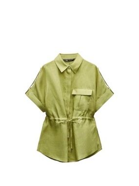 Zara Olive Green Drawstring Button-Down Shirt